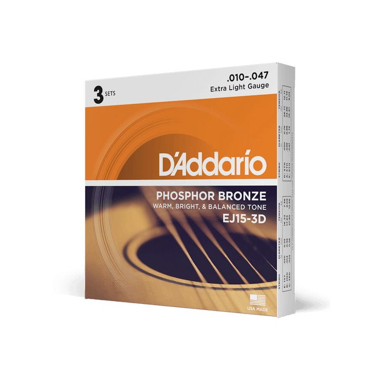 D'Addario EJ15-3D Phosphorus Bronze Extra Light Strings Original